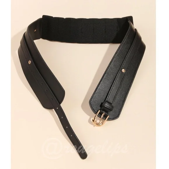 PU Wide Black Belt Gold Tone Buckle - Picture 2 of 7